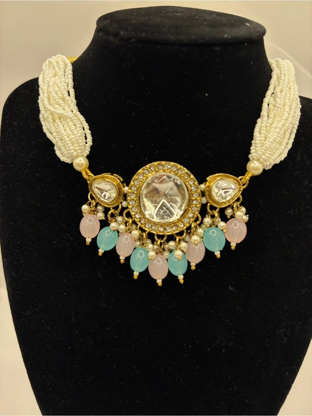 Elegant Kundan Gold-Plated Pearl Multi-Strand Necklace with Pastel Beads